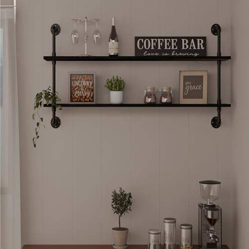 HDDFER Floating Bookshelf Shelves Industrial Pipe Shelving Pipe Shelf Rustic Black Wall Shelves 36 Inch Farmhouse for Wall Mounted - color: Black, size: 2Tier36in
