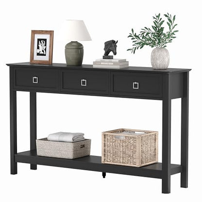 Treocho 53.1" Console Table with 3 Drawers, Sofa Table Behind Couch, 2 Tier | Long Entryway Table with Storage, Modern, For Hallway, Living Room, Black - color: Black