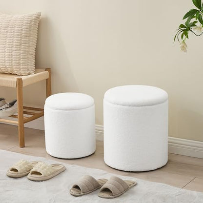 oakvivo Round Set of 2 Ottoman with Storage, Boucle Storage Ottoman Foot Stool, Soft Teddy Upholstered Small Vanity Stool, Ottomans Padded Seat Foot Rest for Living Room Bedroom, White - color: White