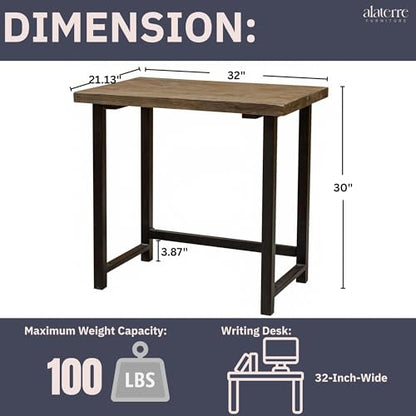 Alaterre Furniture Pomona Compact Writing Desk, Natural, 32”x21”x30” | Rustic Industrial Style Small Home Office Desk with Solid Wood Top, Metal Frame, Durable Lacquer Finish and Floor Levelers - style: Desk Only