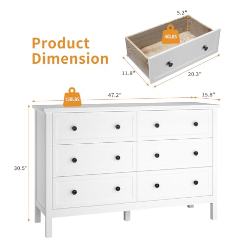 LYNSOM White Dresser for Bedroom, Modern 6 Drawer Double Dresser with Deep Drawer and Metal Handle, Wood Dressers & Chests of Drawers for Hallway, Entryway