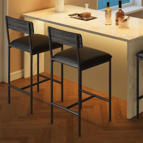 Bar Stools Set of 2, Kitchen Bar Stools with Footrest, Upholstered Bar Chairs with Back, 2 Counter Height Barstools for Counter Bar, Island - color: Grey（chair）