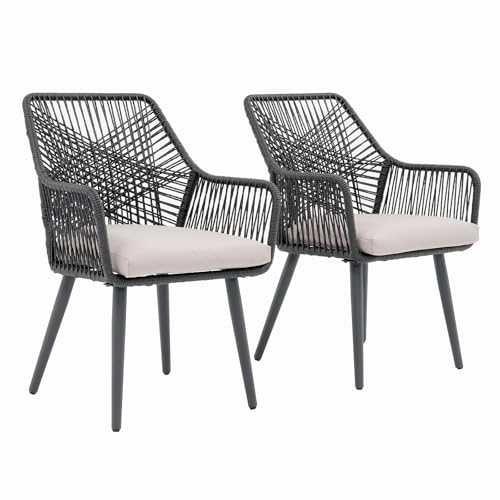 Patio Dining Chairs Set of 2, Woven Patio Chairs with Armrest, Black | All-Weather Woven Rope Rattan & Iron Frame, w/Seat Cushions,350lb Weight Capacity, for Backyard, Deck, Indoor Dining Kitchen - color: Black & Cross Back, size: 2 Pcs-Dining Chairs