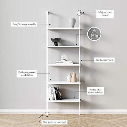 Nathan James White Ladder Bookcase with 5 Shelves - color: Theo White, size: Set of 1