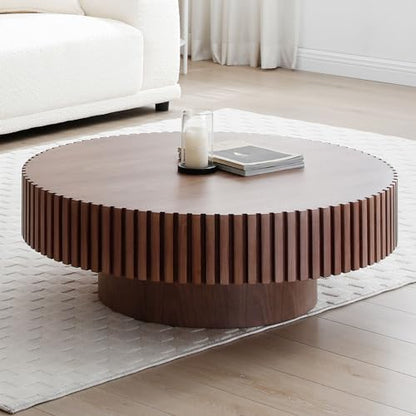 39.37'' Round Coffee Table for Living Room, Modern Wood Nesting Coffee Table Handcraft Circle Fluted Drum Coffee Table, Easy Assembly - color: Walnut, size: 39.37"x23.62"x13.42"