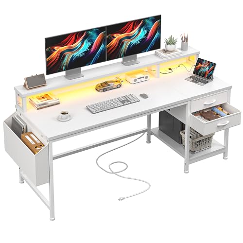 DurayLoly 55" Gaming Desk with RGB Lights & Power Outlets for Teens,White | Wireless Remote Full-Color Strip, Various Lighting Modes, Level Up Teens Gaming Vibe or Study for Protect Eyes In Bedroom - color: White, size: 55"W*20"D*35.5"H