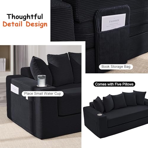 76" Convertible Sofa Bed, Corduroy Boneless Couch with Cup Holders & Pocket | 2-in-1 Sleeper Sofa, Pull-out Couch Bed with 5 Pillows, Living Room, Small Spaces, Bedroom, No Assembly - color: 76" Black