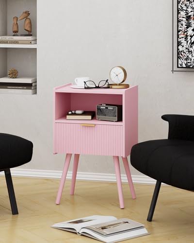 Nightstand,Modern Bedside Table with Storage Drawer and Open Wood Shelf, for Living Room, Bedroom and Small Spaces, Accent Night Stand with Solid Wood Legs, Easy Assembly,Classic Pink - color: Pink