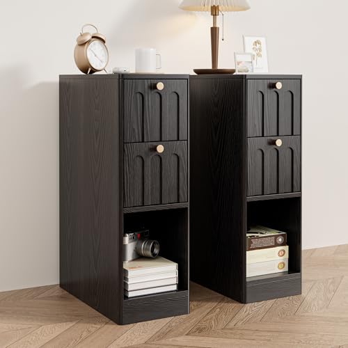 Black Small Nightstand Set of 2, Narrow Bedside Table with Arched Drawer, Wood Nightstand, Skinny Side End Table, Mid Century Modern Night Stand for Bedroom, Small Spaces, Slim, Boho - color: Z03-black-2 Pcs