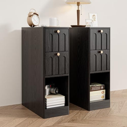 Black Small Nightstand Set of 2, Narrow Bedside Table with Arched Drawer, Wood Nightstand, Skinny Side End Table, Mid Century Modern Night Stand for Bedroom, Small Spaces, Slim, Boho - color: Z03-black-2 Pcs