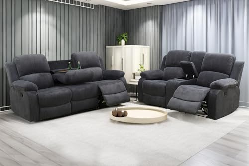 A Ainehome Living Room Furniture Set Grey Corduroy Recliner Sofa Set Loveseat Chair Furniture Sofa Set for Living Room/Rv/House/Office/Theater Seating (A-Dark Grey Corduroy, Sofa+Loveseat) - color: A-dark Grey Corduroy, size: Sofa+Loveseat
