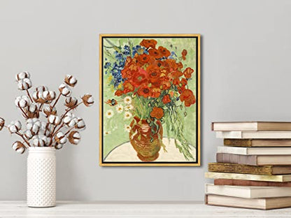 Wieco Art Framed Wall Art of Red Poppies and Daisies by Vincent Van Gogh Paintings Reproduction Abstract Canvas Prints for Home Living Room Decorations Bronze Gold Frame - size: 16"L x 12"W