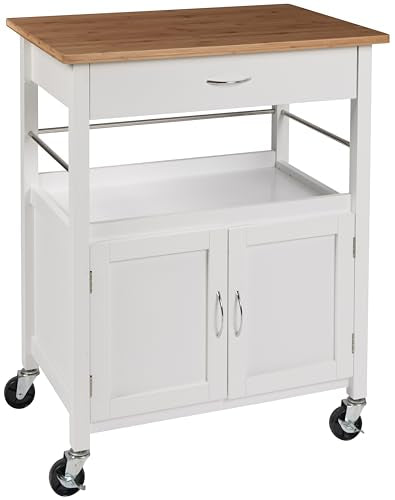 Kitchen Island Cart on Wheels, White Base, Natural Bamboo Top | Drawer, Storage Cabinet, Shelf, Butcher Block - color: White Base