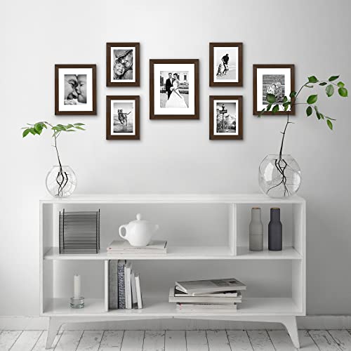 Americanflat Set of 7 Picture Frames with Shatter-Resistant Glass - Gallery Wall Frame Set with One 11x14, Two 8x10 and Four 5x7 Frames - Signature Collection - Walnut | Includes one 11x14, two 8x10 and four 5x7, shatter-resistant glass, hanging hardware