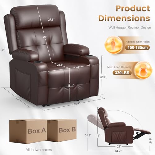Home Theater Seating, Power Recliner Sofa Single Chair with Massage & Heat | Wall Hugger Reclining Single Chairs with USB, RV Furniture with LED Lights, Cup Holders for Movie Theater, Gaming Room - color: Brown, size: 34" - 1 Seat