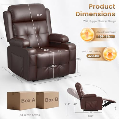 Home Theater Seating, Power Recliner Sofa Single Chair with Massage & Heat | Wall Hugger Reclining Single Chairs with USB, RV Furniture with LED Lights, Cup Holders for Movie Theater, Gaming Room - color: Brown, size: 34" - 1 Seat