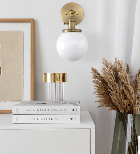 Hardwired Wall Sconce with White Globe, Brass Bathroom Vanity Light with On Off Switch, Vintage Wall Light Fixtures for Living Room Loft Hallway