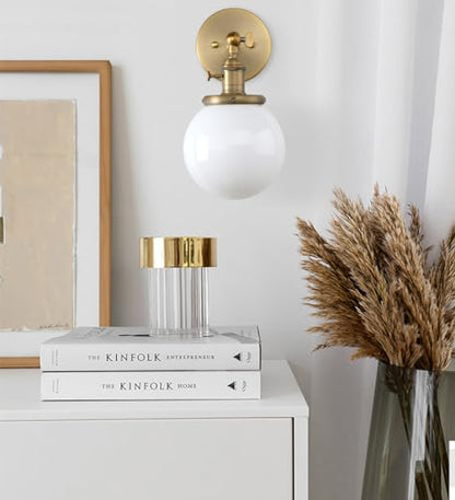 Hardwired Wall Sconce with White Globe, Brass Bathroom Vanity Light with On Off Switch, Vintage Wall Light Fixtures for Living Room Loft Hallway