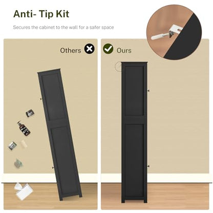 67" H Tall Storage Cabinet with 2 Doors and 1 Drawer, Narrow Black Cabinet with Adjustable Shelves, for Bathroom, Living Room, Entryway, Kitchen, Black - color: Black