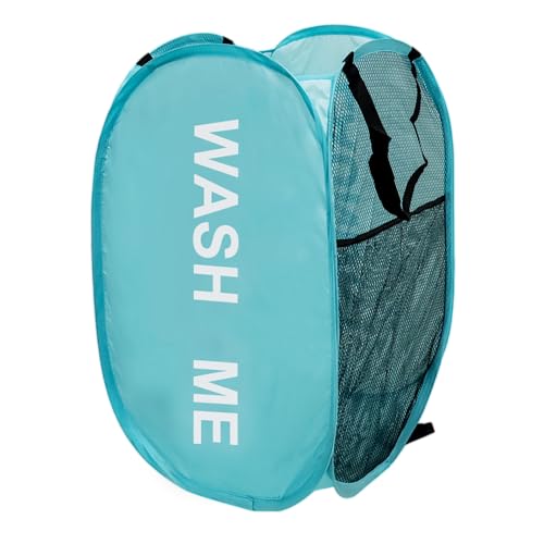 Mesh Pop Up Laundry Hamper with Handles, Collapsible Laundry Basket Side Pocket Dirty Clothes Hamper (Sky Blue) - color: Sky Blue