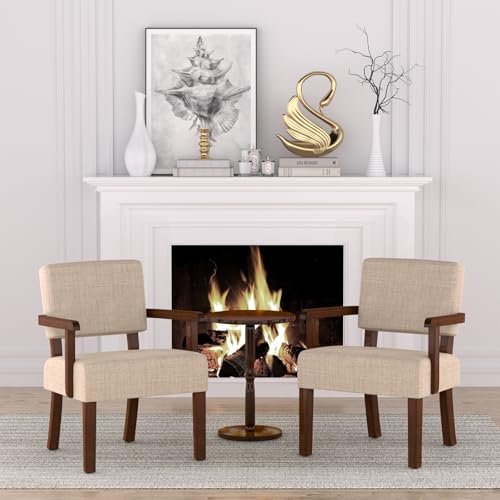 Accent Chair, Armchair with Solid Wood Frame and Legs, Beige | Upholstered Living Room Chair, Comfy Reading Chair for Bedroom, Waiting Room, Home Office, Easy Assembly - color: Linen Beige, size: One Chair