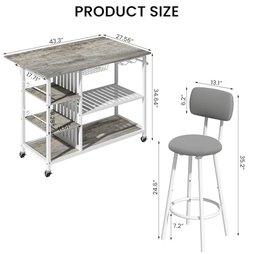 Recaceik Small Kitchen Island Table for 2 with Storage & Seating, Drop Leaf Dining Table Set for Small Space (Grey)
