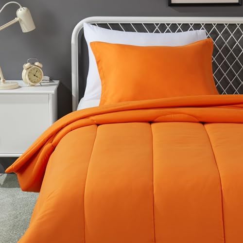 Amazon Basics 2-Piece Soft Microfiber Kids' Comforter and Pillow Sham Set, Twin, Bright Orange, Solid - color: Bright Orange, size: Twin