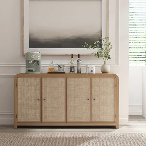 Oak&Sparrow Oak Rattan Sideboard Buffet Cabinet, 60'', 4 Doors | Boho Style, Adjustable Shelves, With Storage, For Living Room, Hallway & Kitchen - color: Natural Oak