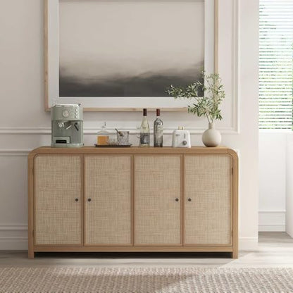 Oak&Sparrow Oak Rattan Sideboard Buffet Cabinet, 60'', 4 Doors | Boho Style, Adjustable Shelves, With Storage, For Living Room, Hallway & Kitchen - color: Natural Oak