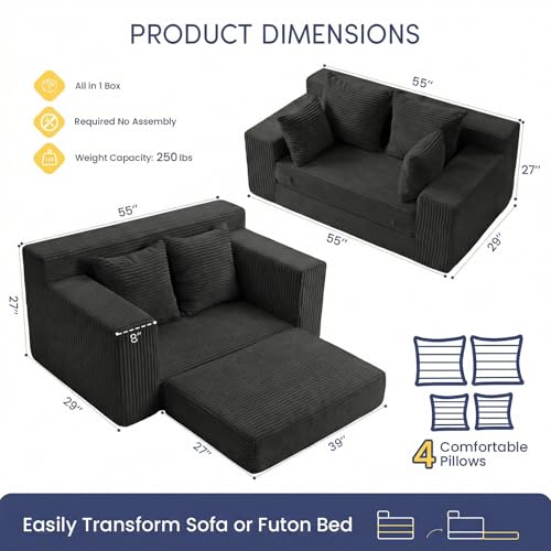 cidludto Boneless Couch Loveseat Sleeper, Convertible Sofa Bed Folding Couch Bed Foldable, 2 in 1 Boneless Chair Bed & Futon Sofa Bed, Small Pull Out Sofa with 4 Pillows for Living Room, Black - color: Black, size: Loveseat-55''