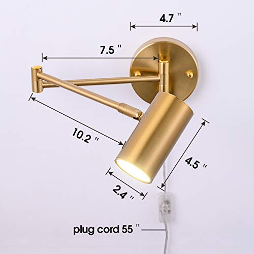 Gold Plug in Wall Sconces Set of 2 | Modern Swing Arms Wall Lamp, Plug-in Cord, Adjustable Wall Light, Light Source Included - color: A-Gold-2 Pack