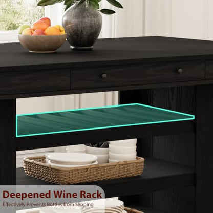Counter Height Dining Table with Storage, Retro Black | 60" wide top seats 4-6 with deep wine rack, 2 drawers and 3 shelves for family dining, entertaining and apartment kitchens - color: Retro Black