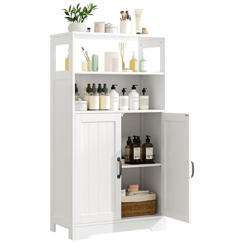 GRUSIGN 43.3" H Bathroom Storage Cabinet with Doors, Freestanding Small Bathroom Cabinet Organizer, Farmhouse Cupboard, Adjustable Shelves, for Laundry Room, Kitchen, Living Room, White - size: 43"H with Door