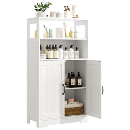 GRUSIGN 43.3" H Bathroom Storage Cabinet with Doors, Freestanding Small Bathroom Cabinet Organizer, Farmhouse Cupboard, Adjustable Shelves, for Laundry Room, Kitchen, Living Room, White - size: 43"H with Door