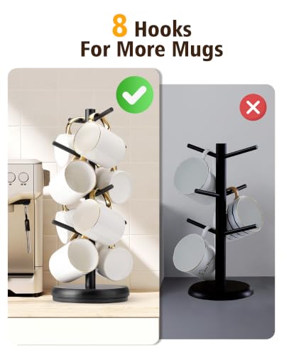 Lorbro Coffee Mug Tree, 360° Rotating Wooden Mug Holder with 8 Hooks | Large Mug Friendly, Space-Saving Display, Stable Wooden Base, Easy Assembly, Coffee Bar, Kitchen Counter, Gift Ready - size: Rotatable