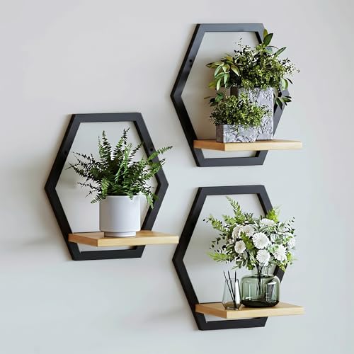 3 Pack Solid Wood & Metal Framework Wall Plant Stands,9 inch Natural Wood Shelf of Indoor,Mid Century Modern Hanging Planter for Outdoor Entryway 25 LB Load for Plants Black - color: black
