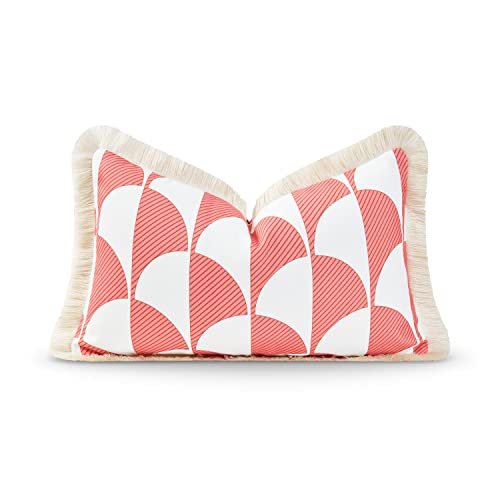 Hofdeco Premium Coastal Patio Indoor Outdoor Lumbar Pillow Cover Only, 12"x20" Water Resistant for Backyard, Couch, Coral Pink Scale Motif Fringe - color: Coral Pink Scale Motif 12"x20"