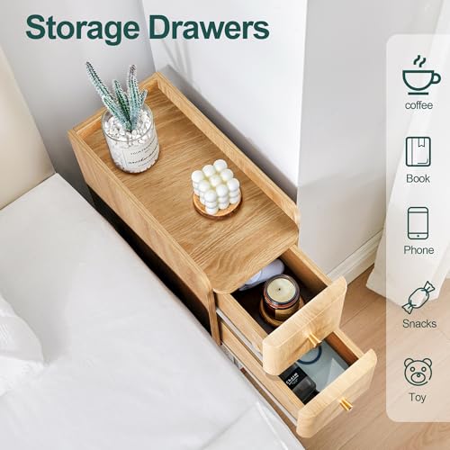 Narrow Nightstand Set of 2, Wooden Small 2 Drawer Nightstand, Slim Side End Table, Skinny Bedside Table, Mid Century Modern Night Stand with Drawers for Bedroom (Natural-2 pcs) - color: Natural-2 Pcs