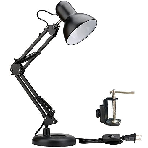 PowerKing Metal Swing Arm Desk Lamps, Adjustable Architect Lamp, Black | Metal Material, Adjustable & Flexible, Fits E26 E27 Bulbs, 2-in-1 Design, Eye-Caring Reading Light, for Home & Office - color: Black