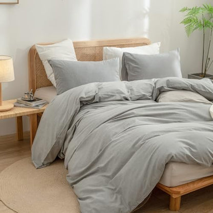 BESTOUCH Cotton Solid Duvet Cover Set Linen Feel Light Grey Super King Plus | 100% Washed Cotton, Soft Wrinkle Texture, Hidden Zipper, 8 Ties, Breathable Lightweight Durable Comfy, 3 Pcs No Insert - color: Light Grey (No Comforter), size: Super King Plus