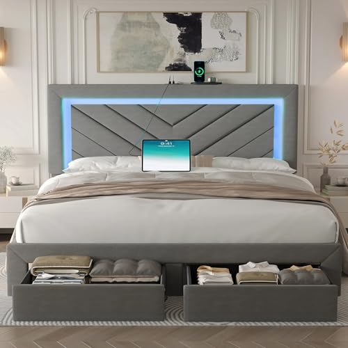 Full Size Bed Frame with Adjustable Headboard and Storage Drawer, Upholstered Bed Frame Full with RGB LED Lights and Charging Station, Easy Assembly, No Box Spring Needed, Grey - color: Grey, size: Full