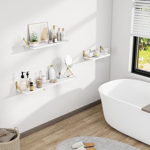 Dreamland Wall Mounted Floating Shelves Set of 2, 55x8, White&Gold | Engineered Wood, Visible Bracket, Large Storage, Hold Up to 80lbs, Living Room, Bathroom, Bedroom, Kitchen - color: White&gold, size: 55"W x 8"D