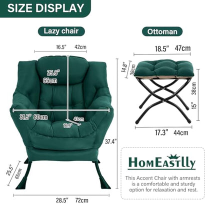 Lazy Chair with Ottoman, Soft Comfy Chair for Bedroom, Green | Reading Accent Lounge Chair with folding Foot Stool for Living Room Dorm Apartment, sturdy metal frame - color: Dark Green