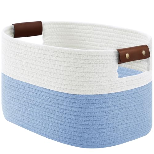 ECDYQXVU 15x10x9 Woven Cotton Rope Storage Basket, Leather Handles 1 Pack | Foldable Design, Sturdy PU Handles, Easy to Clean Organizer for Living Room, Closet, Shelves, Bedroom, Laundry, Clothes - color: White Blue-1 Pack, size: 1 Pack