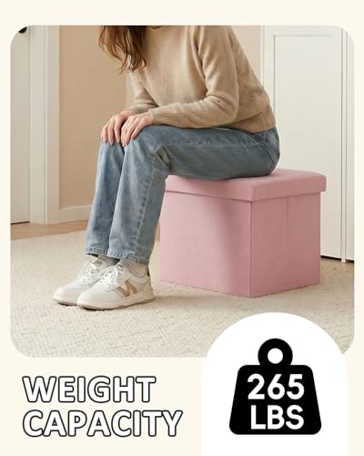 PINPLUS Flat Top Folding Linen Storage Ottoman 16.5", 36L Collapsible Storage Cube with Lid, 250 lbs Load Capacity, Fabric Foot Rest Seat for Living Room, Bedroom, Closet,Pink - color: Pink
