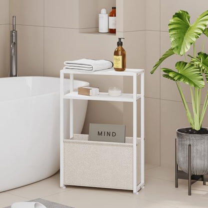 Leomonio Narrow Side Table, Slim End Tables with Fabric Basket, Skinny Table for Small Spaces, Thin Bedside Table for Living Room, Bedroom (1, White + Camel Brown) - color: White + Camel Brown