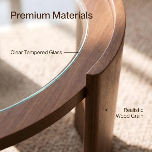 KEIKI Mid-Century Modern Round Coffee Table, 31.5" Wood & Tempered Glass Center Table, Circular Cocktail Table w/Thick Curved Legs, Raised Edge Design for Living Room, Apartment, Walnut Transparent - color: Walnut Transparent