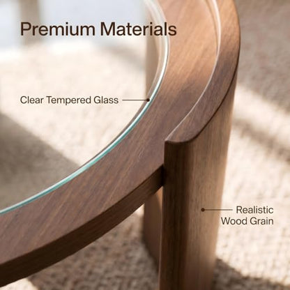KEIKI Mid-Century Modern Round Coffee Table, 31.5" Wood & Tempered Glass Center Table, Circular Cocktail Table w/Thick Curved Legs, Raised Edge Design for Living Room, Apartment, Walnut Transparent - color: Walnut Transparent