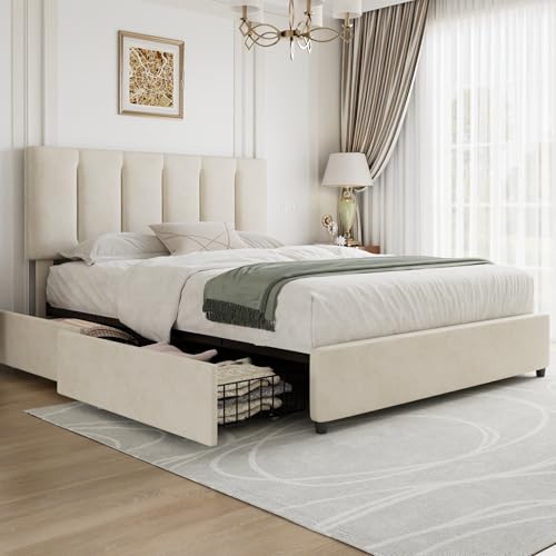 VECELO Full Size Bed Frame with 4 Storage Drawers, Adjustable Height Headboard, Heavy-Duty Platform Bedframe with Strong Wooden Slats, No Box Spring Needed, Pale Beige - color: Pale Beige, size: Full, style: Bed Frame With Drawers