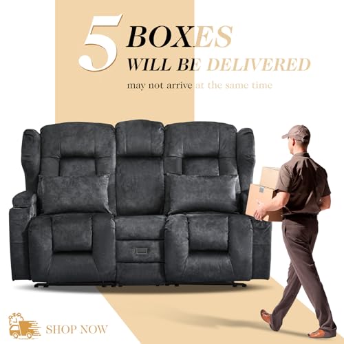 Loveseat Recliner Sofa,RV Wall Hugger Recliners with Flip-up Console,Reclining Loveseat Sofa Recliner with Cup Holders/Lumbar Pillows for Small Spaces,RV Furniture (Gray, 68" 2-Seater) - color: Grey, size: 68" 2-Seater